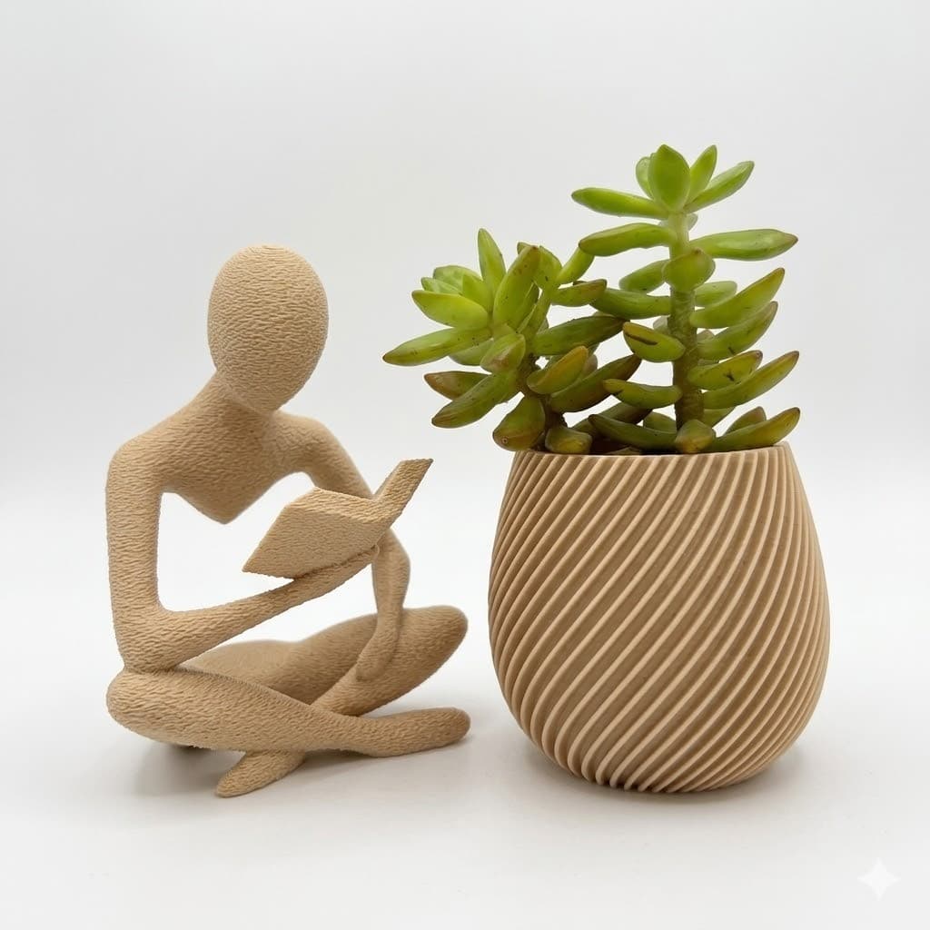 Escultura Decorativa Leitor + Vaso para Suculenta Design Minimalista Bege, Marrom, Preto, Branco