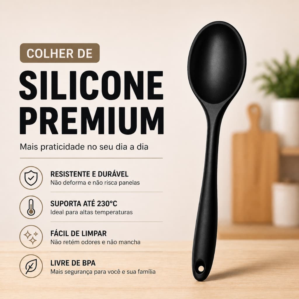 Colher Silicone Premium Cozinha Não Risca Panela Resistente 230°C Fácil Limpeza