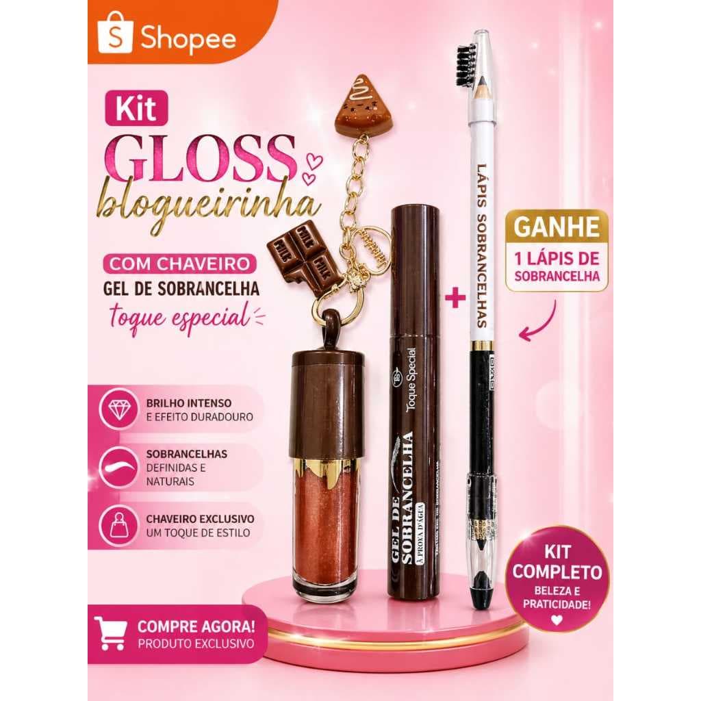 Kit Gloss Labial com Chaveiro + Gel de Sobrancelha E Ganhe Lápis de sobrancelhas Aleatorio