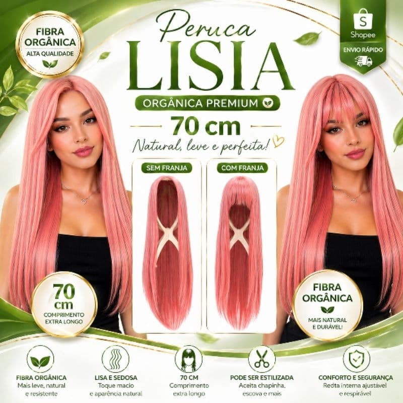 Peruca wig orgânica lisa com franja e sem franja 70 cm Cospley e Fantasia