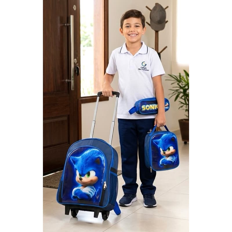 Mochila Sonic 3 Rodinhas Lancheira Estojo Kit 2025