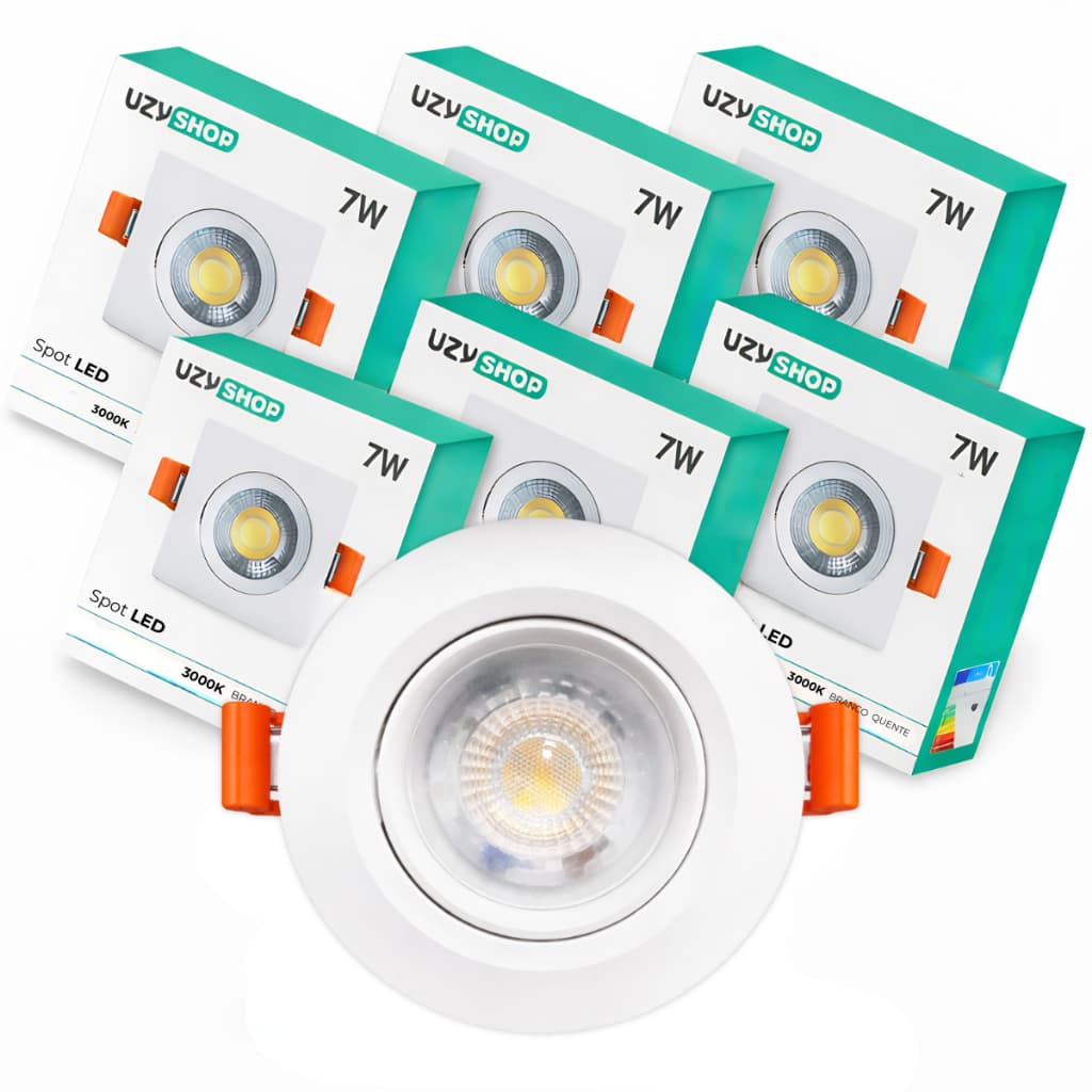 Kit 5 Luminária Led Spot 7W Redondo Quadrado Embutido Branco Frio Quente 3000k 6500k Bivolt