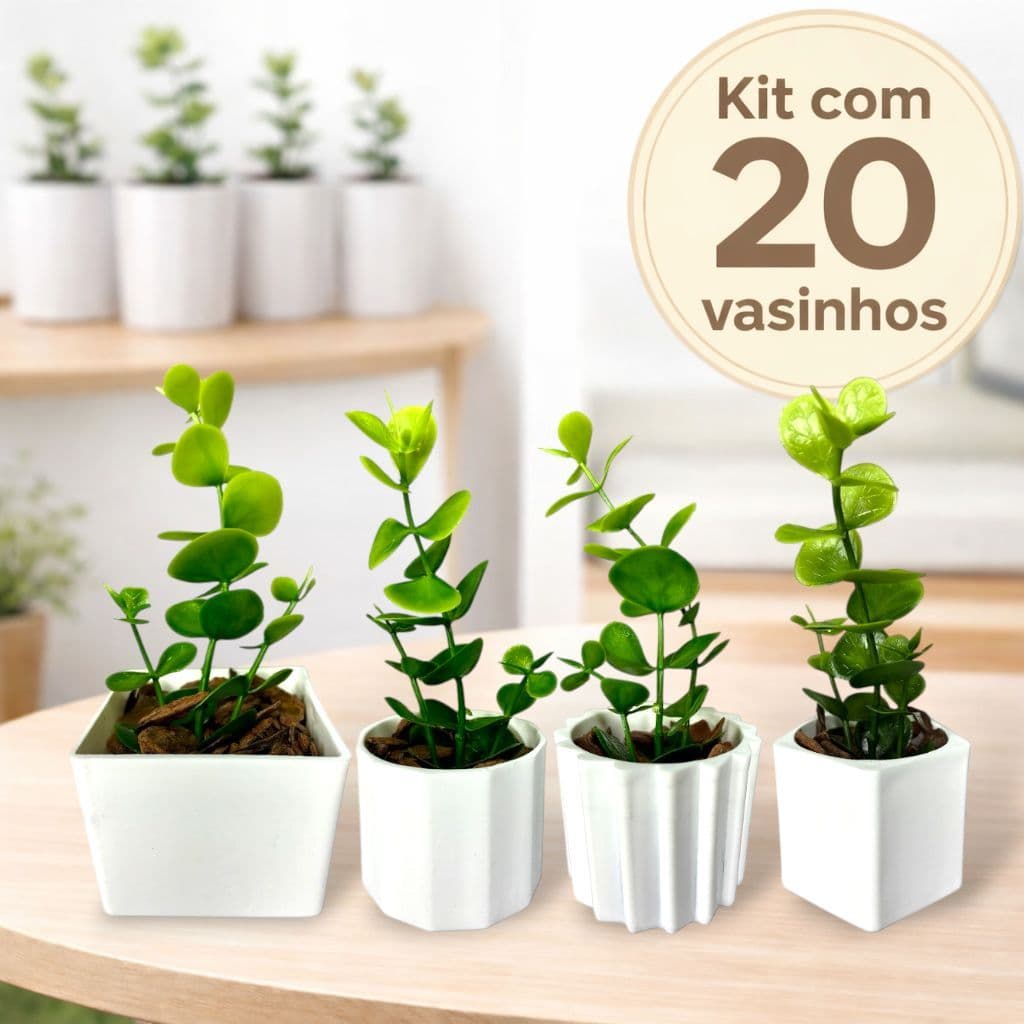 Kit 20 Vasinhos Decorativos com Folhagem Artificial