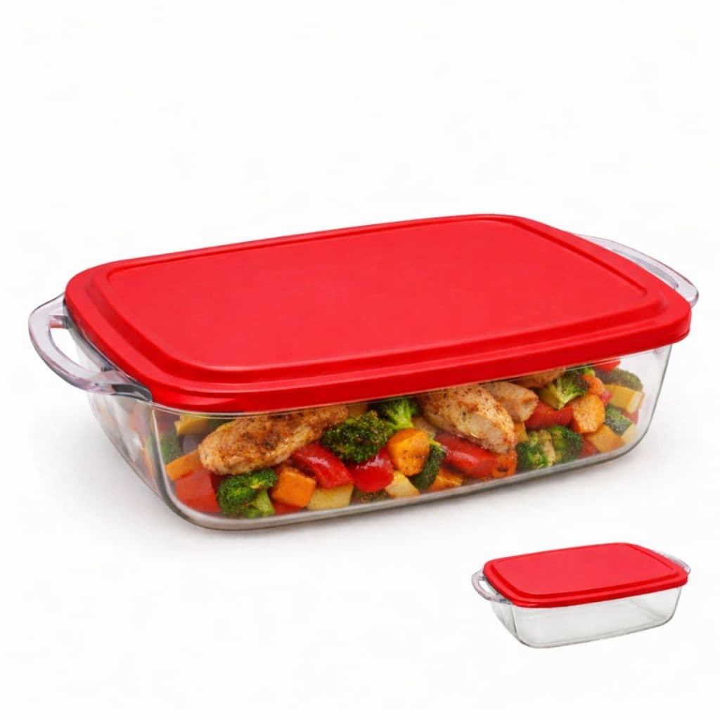 Travessa Marinex Vidro 3,5L com Tampa Vermelha Refratário Resistente para Forno e Cozinha Resistente