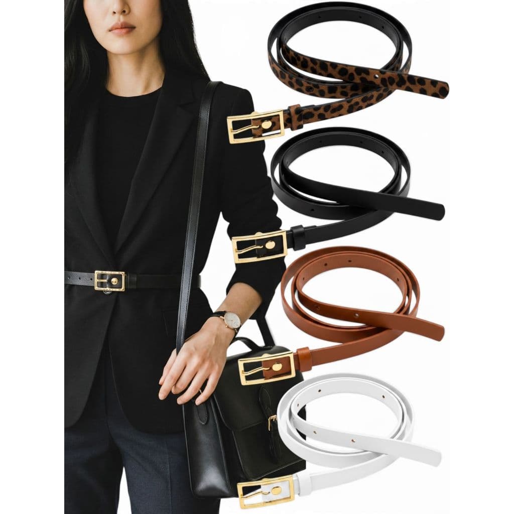 Kit4 Cinto Feminino Fino 1,5cm Fivela Dourada Couro Sintético Moda Elegante Ajustável - Perola