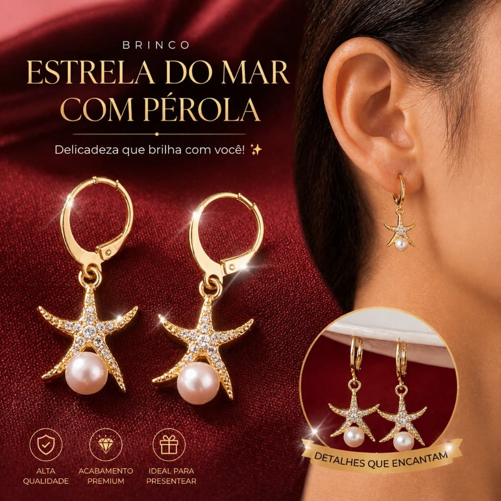 Brinco Argola Estrela do Mar com Pérola – Dourado Elegante e Delicado