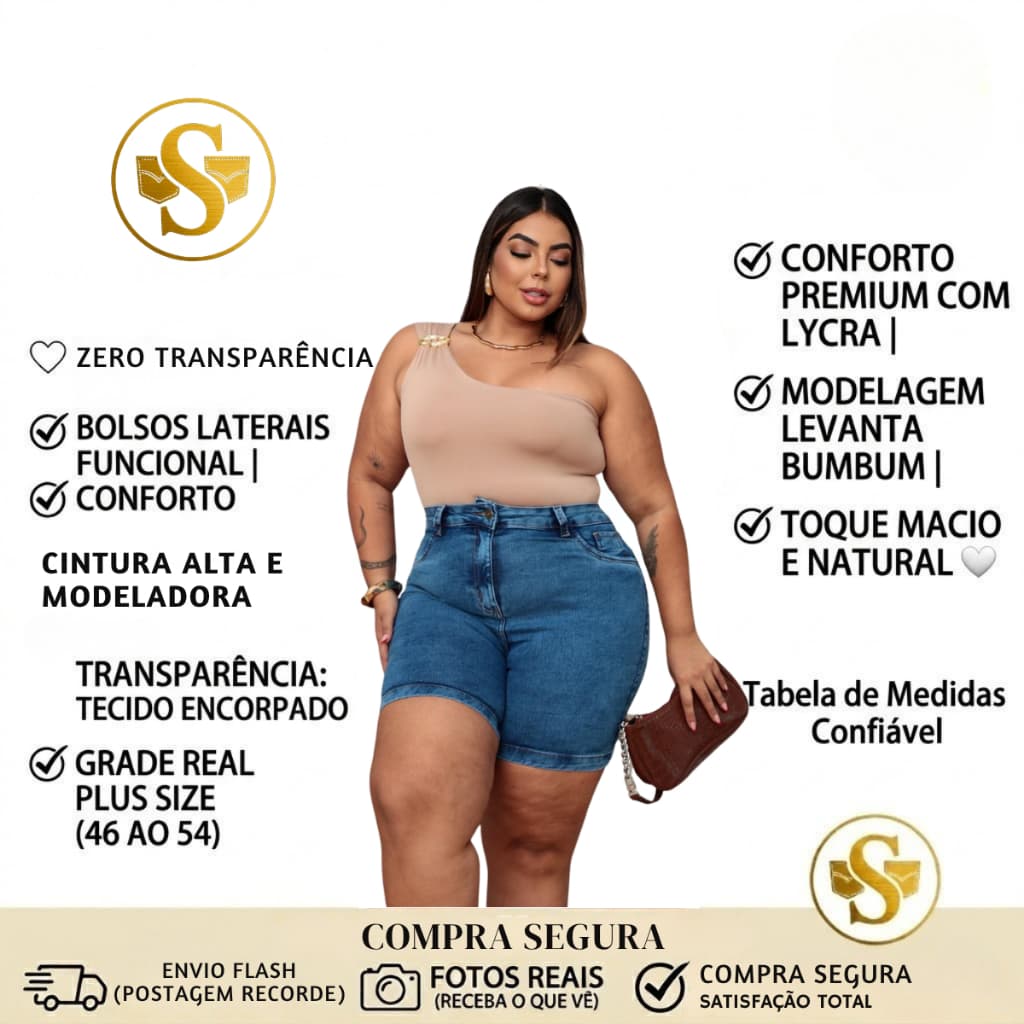 Shorts Jeans Plus Size Meia Coxa Com Lycra Cintura Alta com Elastano Premium 46 ao 54 Azul Aço