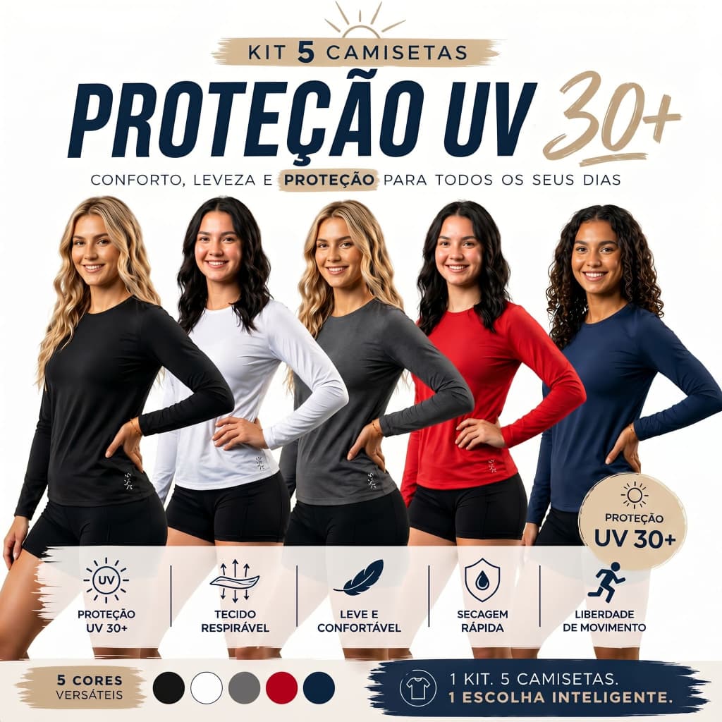 Kit 5 Camisa Blusa UV Feminina Proteção Solar UV+30 Segunda Pele Térmica Praia Modella