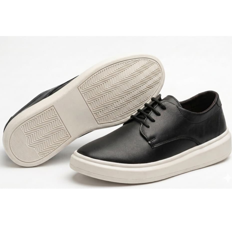 Sapato Casual Masculino Preto Estilo Social Moderno Solado Alto Branco Confortável Cadarço Leve