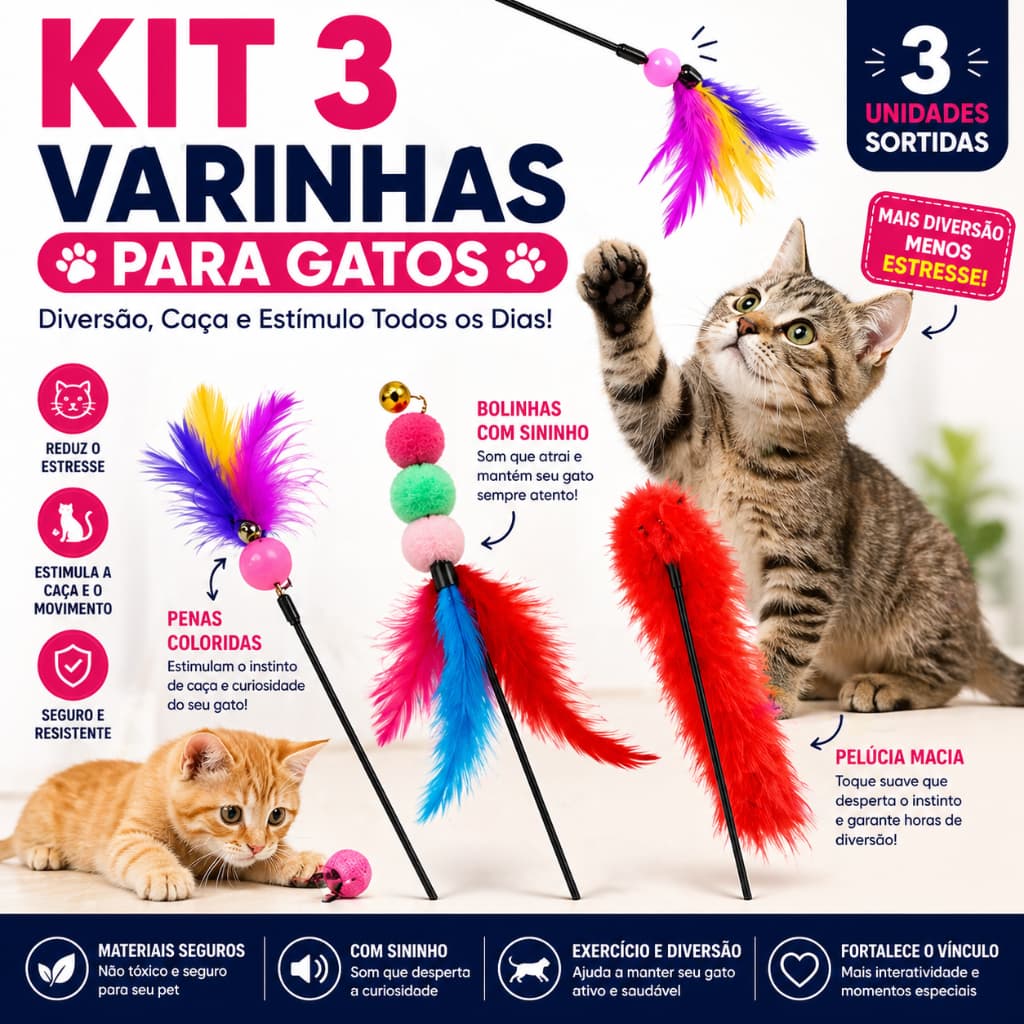 Kit 3 Varinhas para Gatos | Brinquedo Interativo Anti Estresse, Caça e Diversão