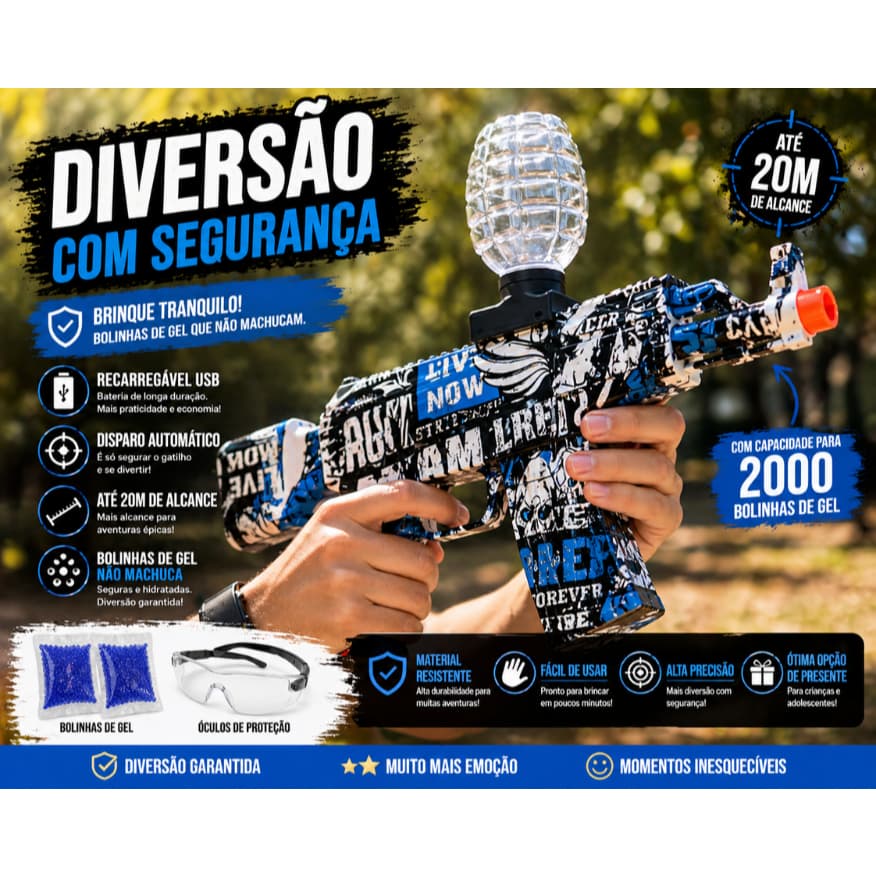 Arminha De Gel Blaster AK47 Elétrica Automática Com Silenciador Lança Bolinhas de Gel Com 2000un.