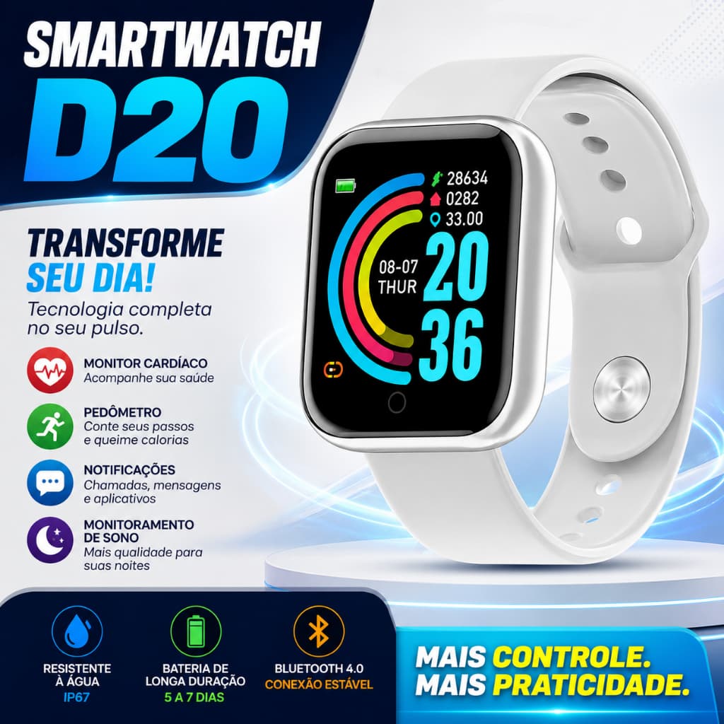Smartwatch D20 Relógio Inteligente Bluetooth Monitoramento Saúde Fitness Notificações IP67
