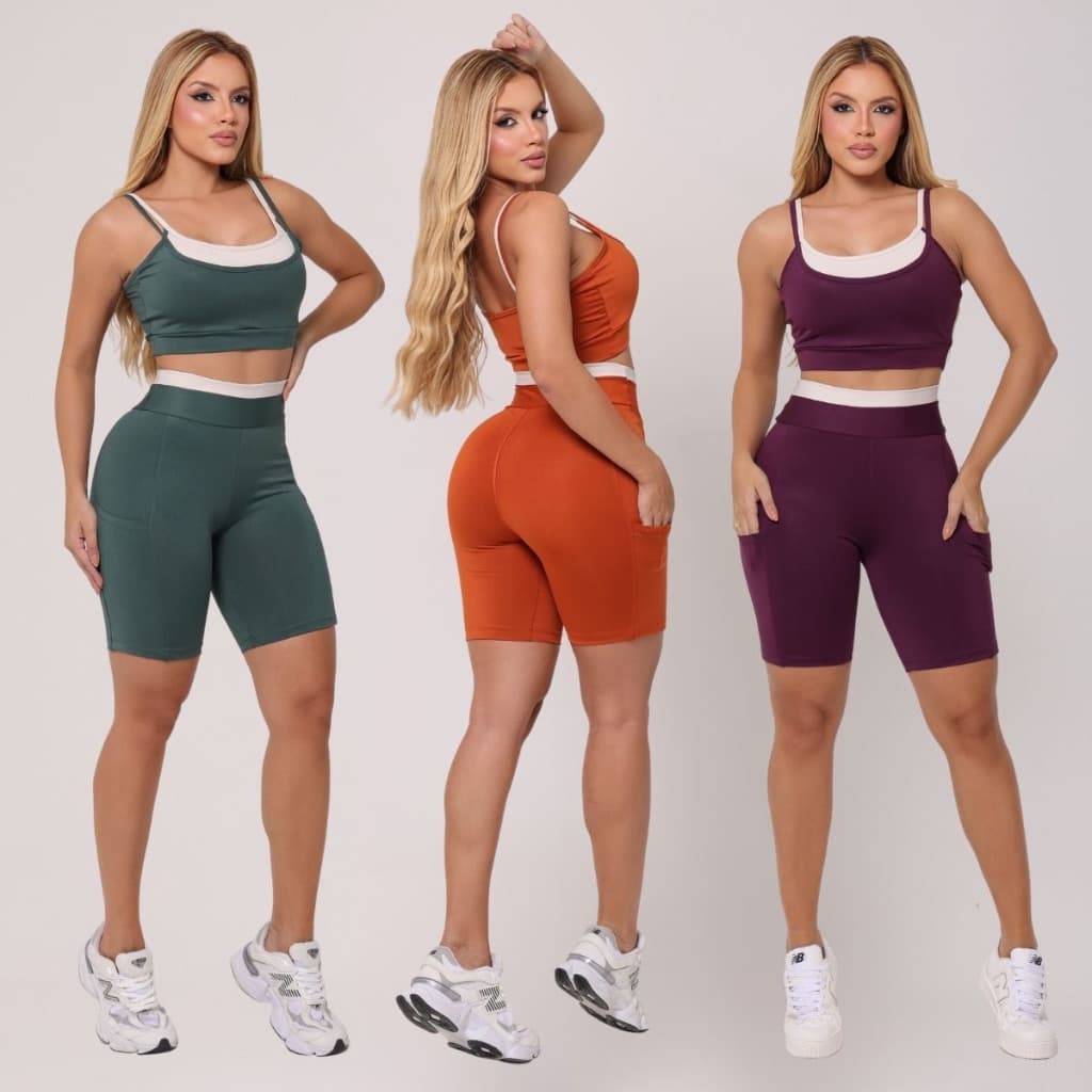 Conjunto Fitness Bicolor Top e Bermuda com Bolso Feminino Academia Cintura Alta Compressão Short