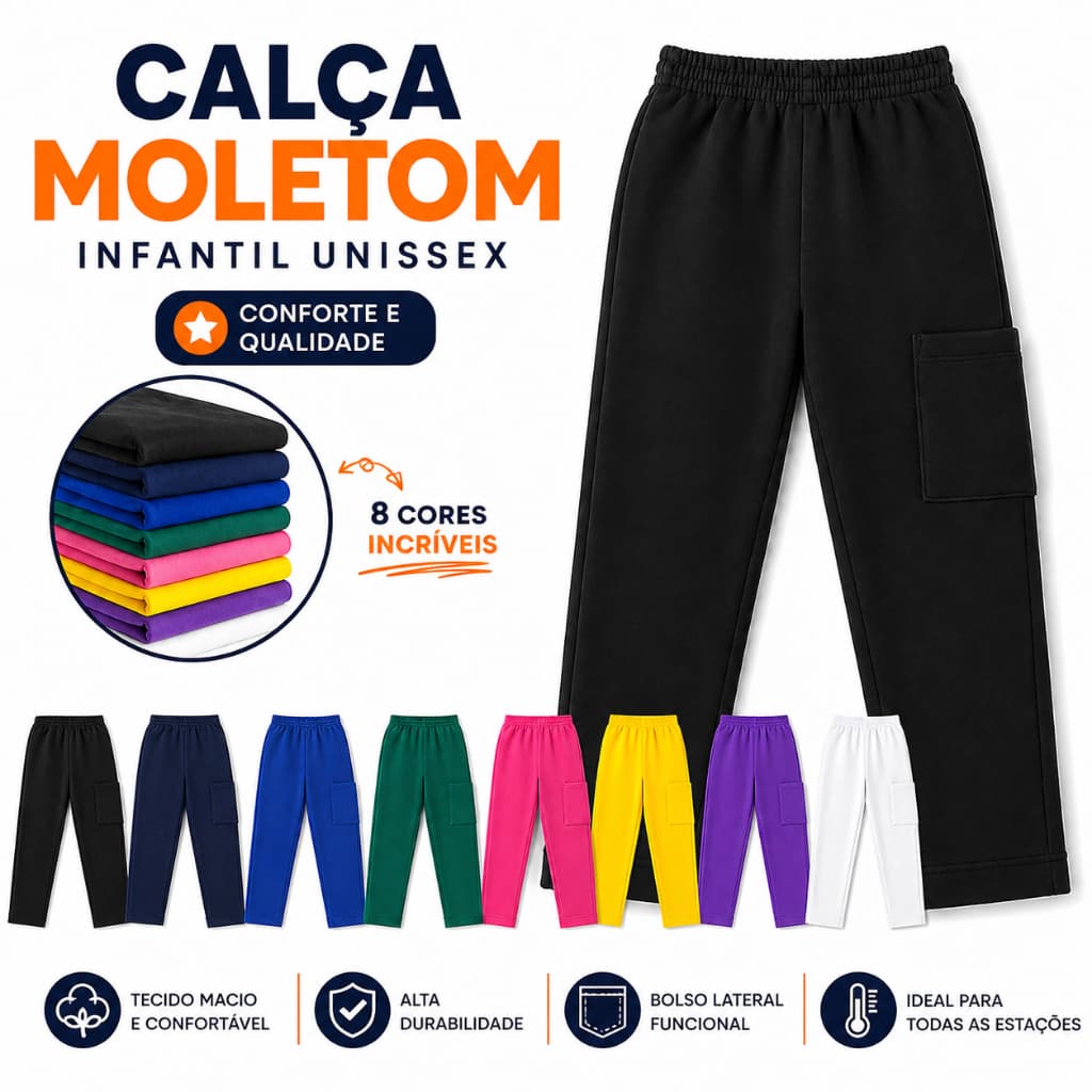 Calça Moletom Infantil Unissex Confortável Com Bolso Lateral Casual Escolar Premium | Moletom Grosso