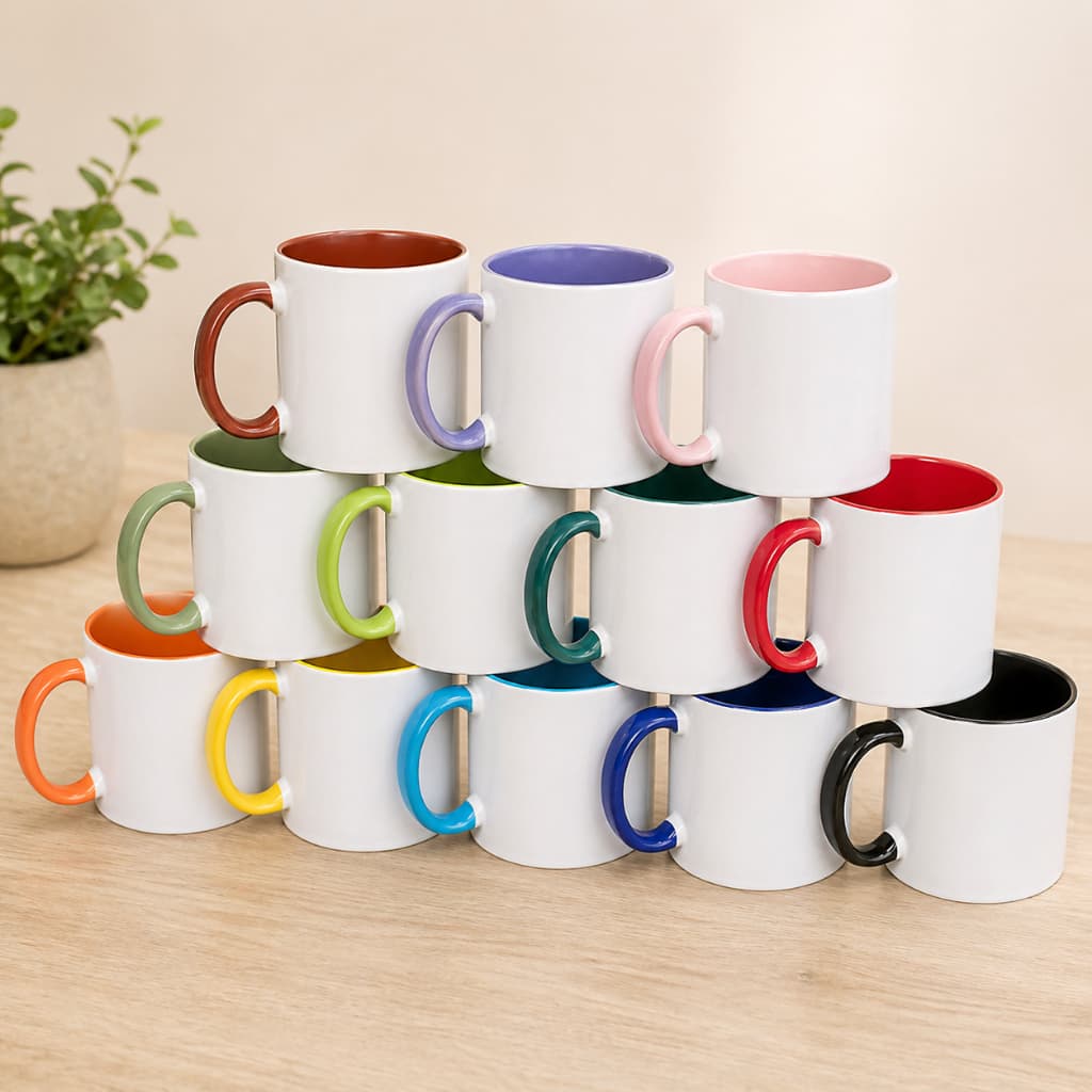 Kit Caneca Sublimação Porcelana Interna e Alça Colorida 325ml