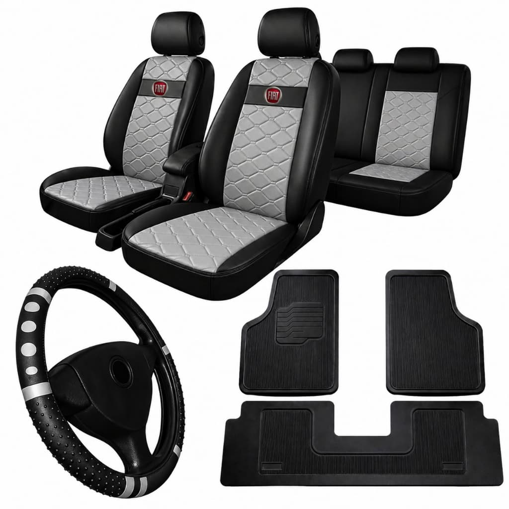 kit Capa Banco Carro Couro Courvi Fiat Uno 4 Porta +tapete de carro +capa de volante fiat