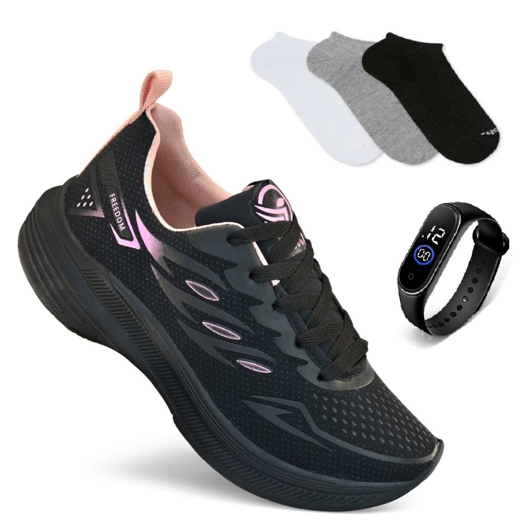 Kit Tenis Feminino + Relogio + Meia Esportivo Caminhada Treino Corrida Lançamento