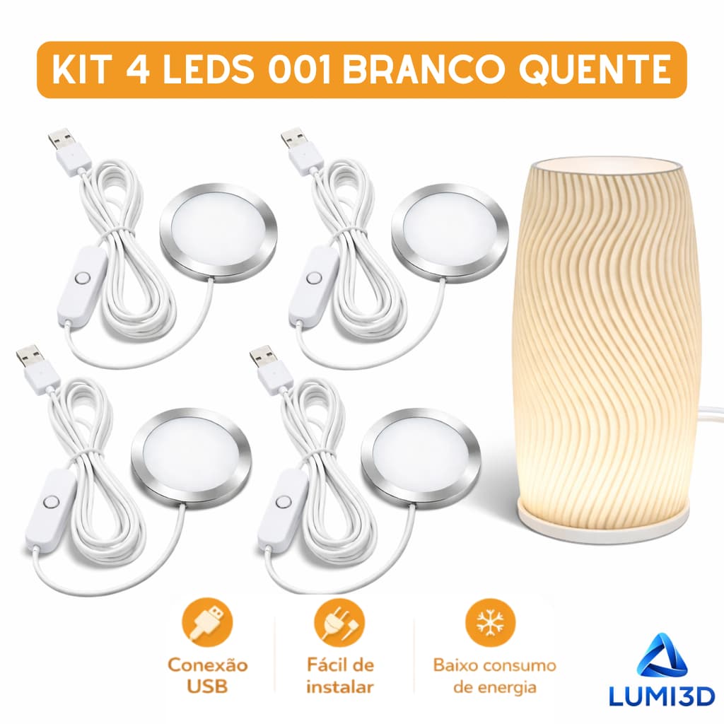 Kit 4x LED 001 Branco Quente USB 5V para Impressora 3D Bambu Lab Projeto DIY