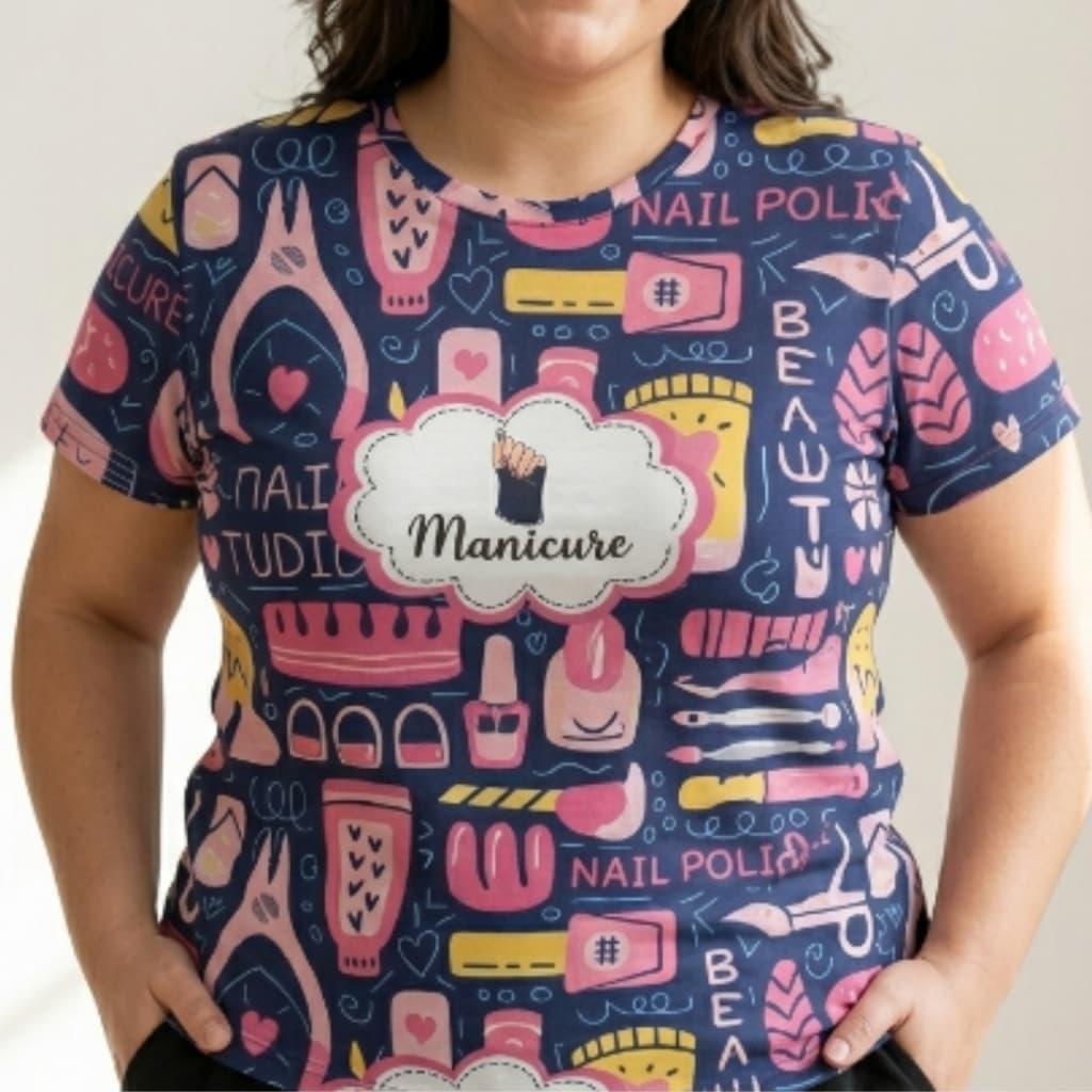 Camiseta Feminina Manicure Profissao Estampada Uniforme Slim Plus Size Manga Curta