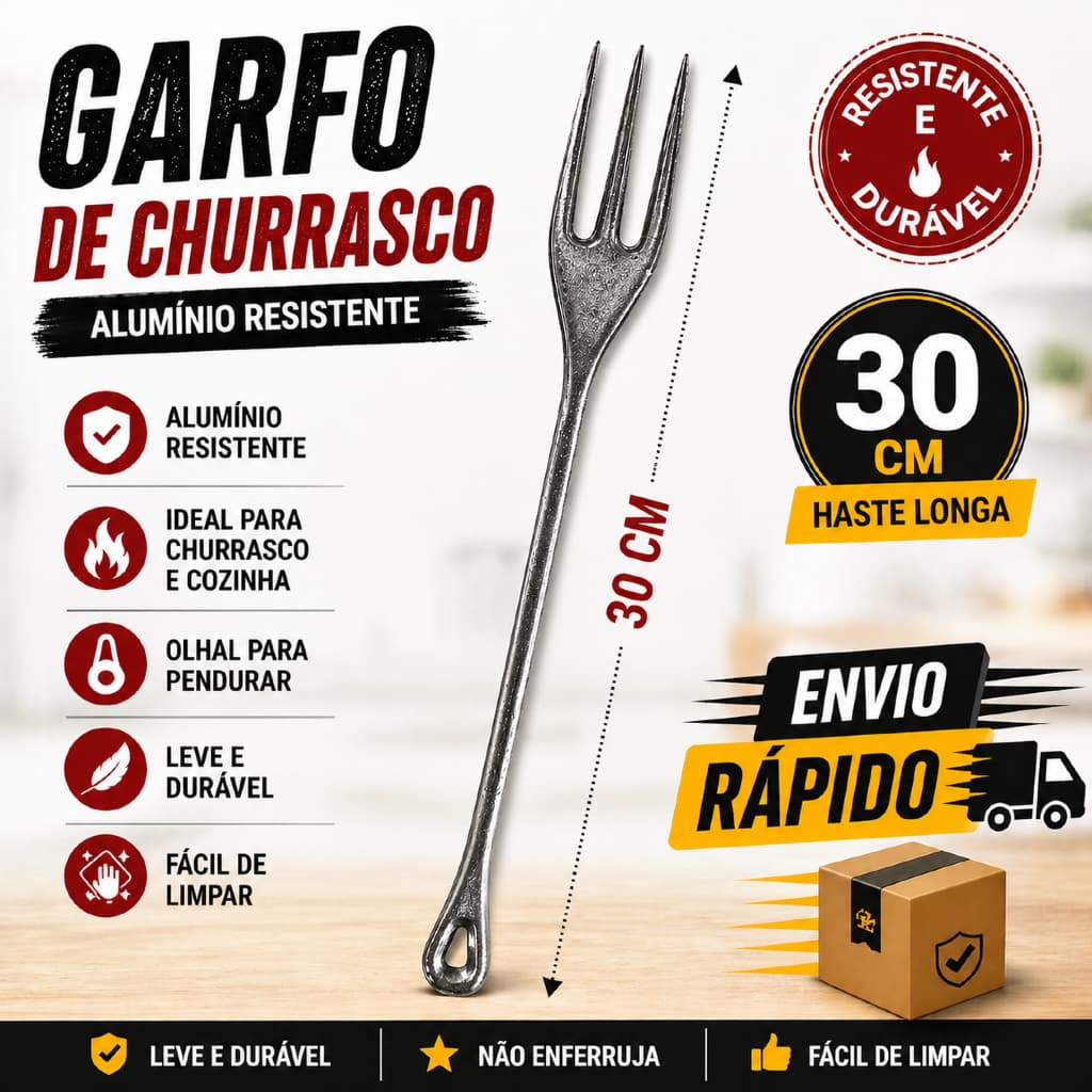 Garfo de Churrasco Alumínio 30cm Resistente Cozinha Churrasqueira Utensílio Carne
