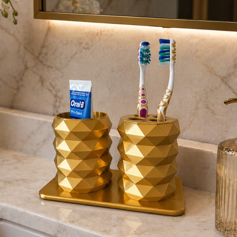 Kit Porta Escova de Dente Dourado Suporte Banheiro Organizador com Separador Elegante Sofisticado Ouro
