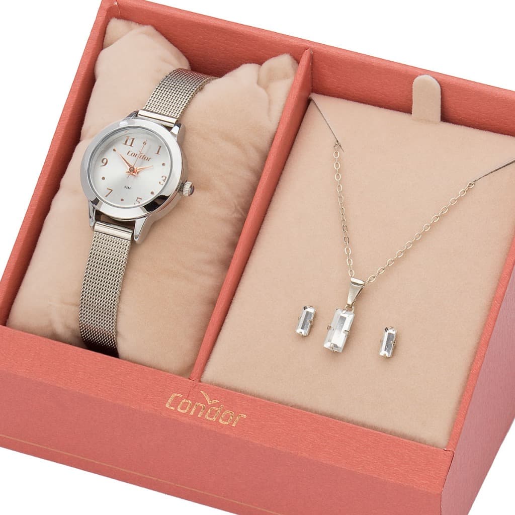 Relógio Feminino Pequeno Prata Kit Colar e Brincos CO2035NHT/K4K