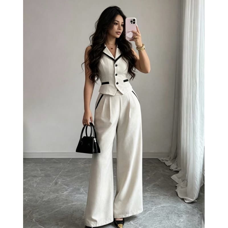 Conjunto feminino casual folgado plus size: colete com botões e calça pantalona H-18
