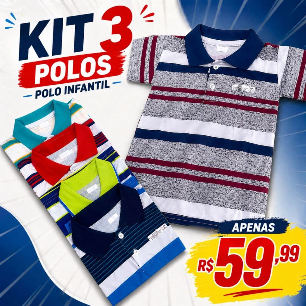 Kit 3 Camisas Polo Listrada Infantil e Juvenil Premium
