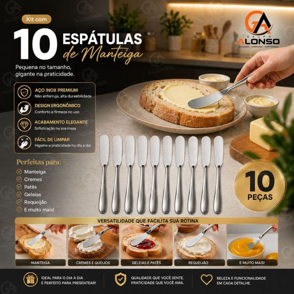 Kit 10/6 Espátulas Manteiga em Aço Inox para Patê Geleia Requeijão Margarina Casa Creme de Avelã
