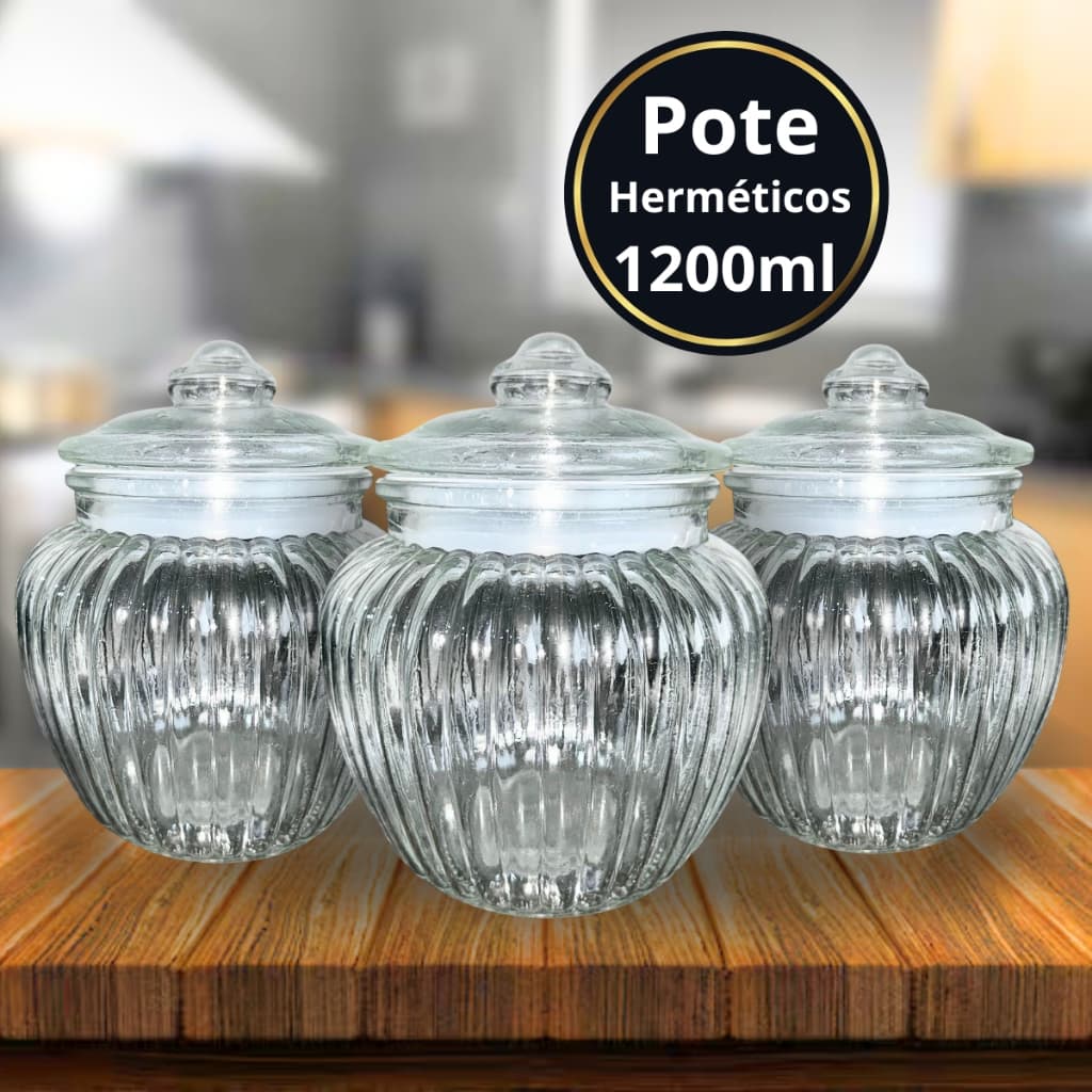 Pote De Vidro Avulso ou Kit Canelado 1200ml Conservação Com Vedação Anti-inseto