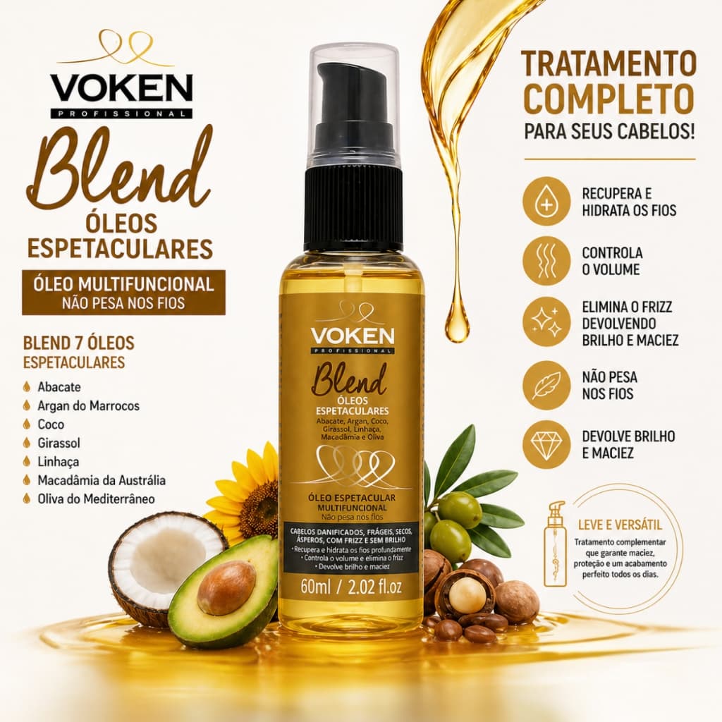 Óleo Espetacular Blend Multifuncional Voken 60ml Reparador de Pontas