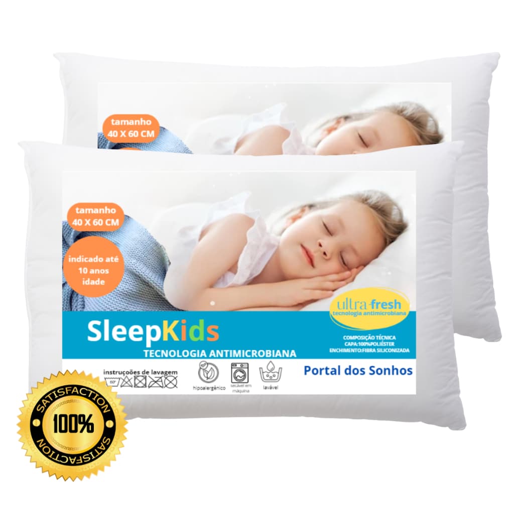 Kit 2 Travesseiros Infantil 40x60cm Antialérgico Macio 100% Toque Algodão
