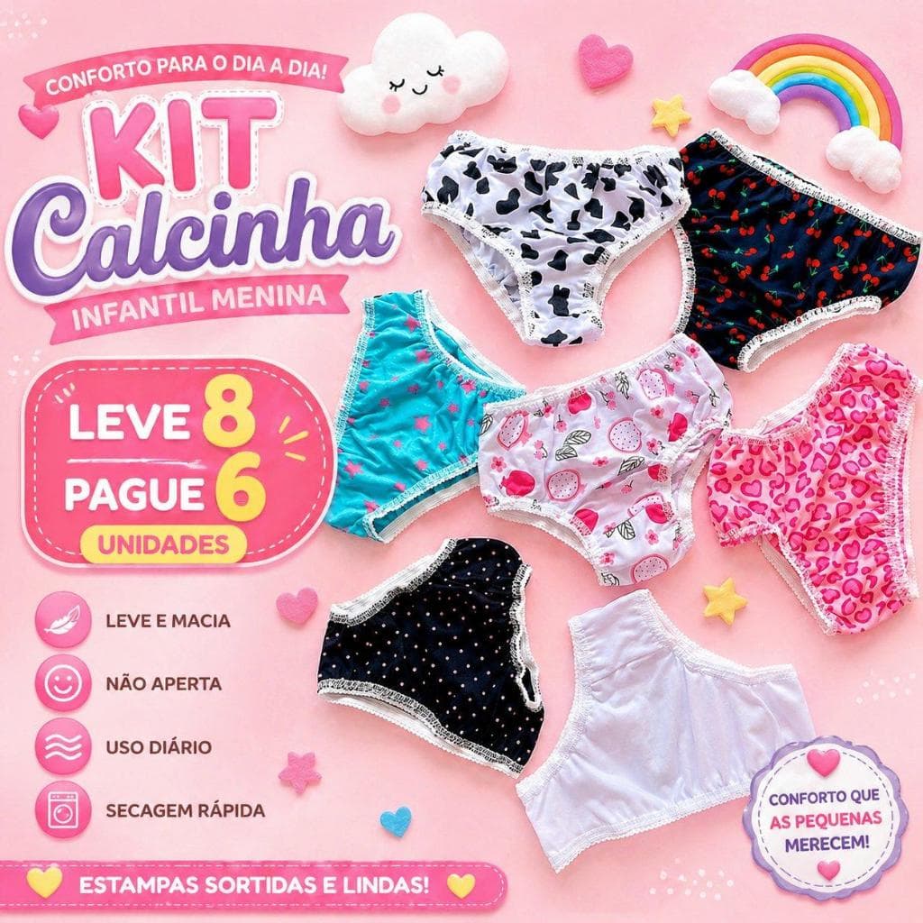 Kit 8 Calcinhas Infantil Menina Estampas Sortidas Confortável Uso Diário Leve 8 Pague 6