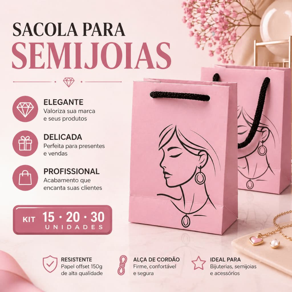 Sacolas para Bijuterias e Semijoias – 10x14x5cm – Elegante e Resistente - 15 unidades