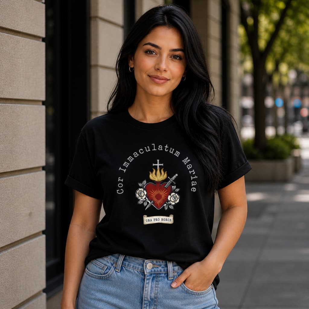 “Camiseta Feminina Cristã Sagrado Coração de Maria Católica Estampa Religiosa T-shirt Algodão Premium Confortável Moda G