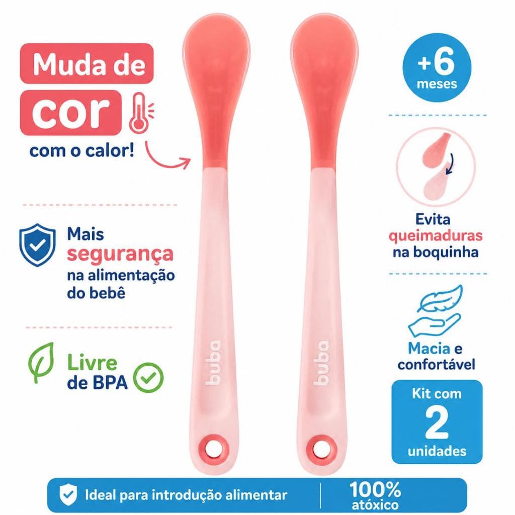 Kit 2 Colheres Termossensíveis Buba Silicone Muda de Cor BPA Free Bebê Alimentação Segura
