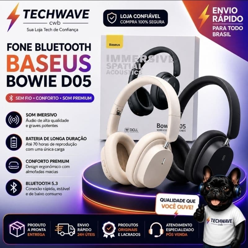 Headphone Bluetooth Baseus D05 Over-Ear 70h Bateria Bluetooth 5.3 Som 3D HiFi Dobrável