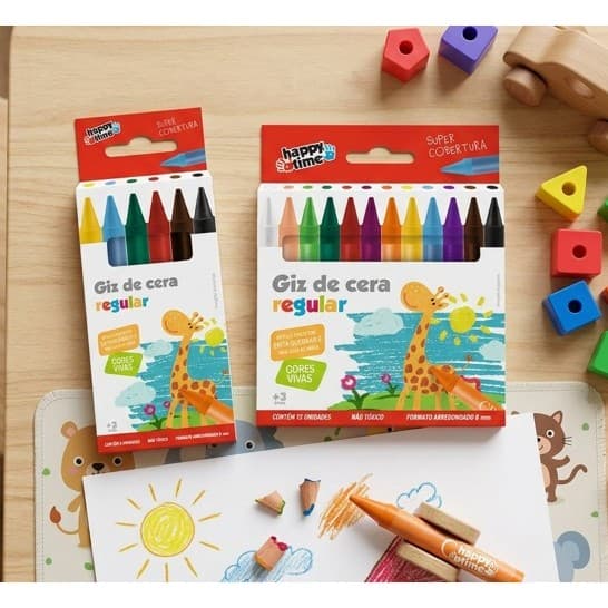 Giz de Cera Regular 6/12 Cores Happy Time Spiral Volta as Aulas Material Escolar