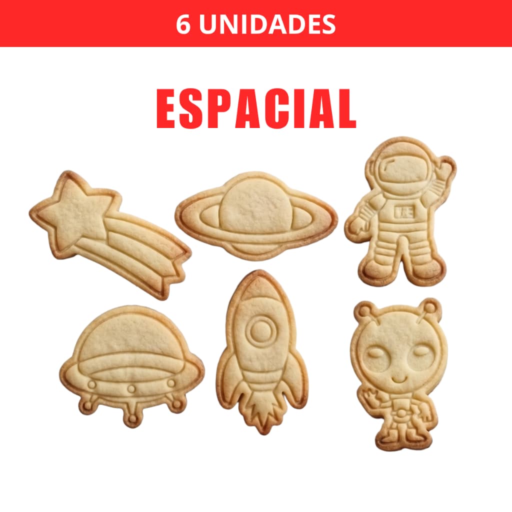 Kit 6 Cortadores e Carimbos de Biscoito Espacial Astronauta com Puxador