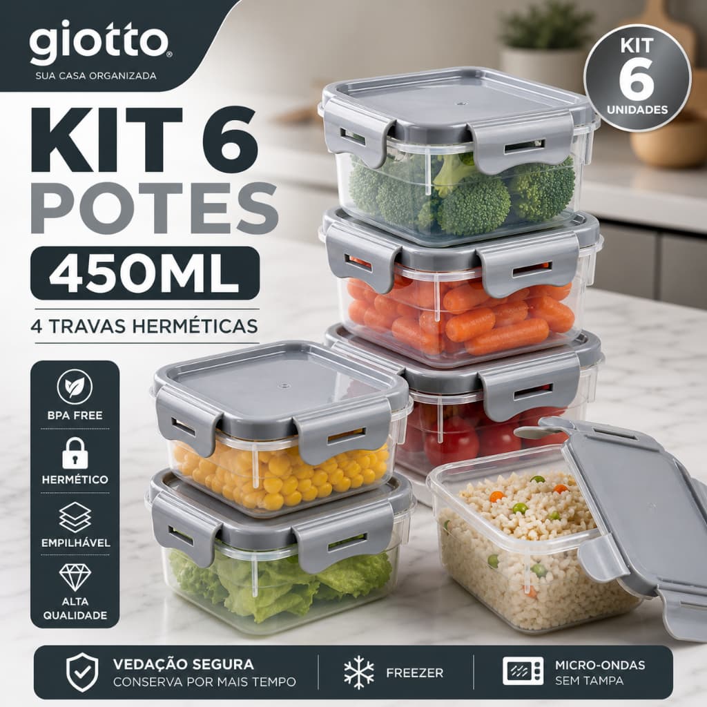 Kit 6 Potes 450ml com 4 Travas Cinza Hermético Organizador de Alimentos BPA Free Giotto