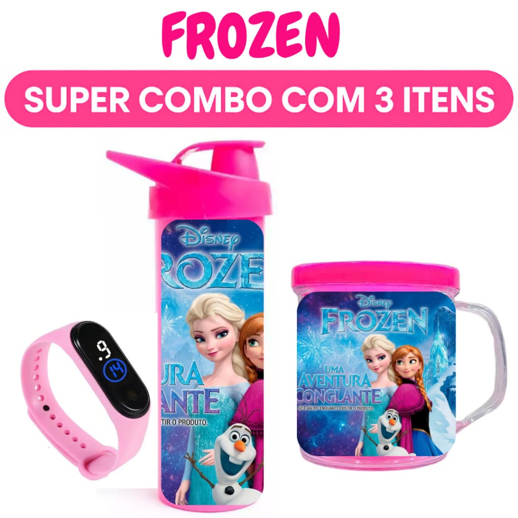Frozen - Garrafa Copo e Relógio Digital Infantil - Presente Aniversário com Nome da Criança - Full