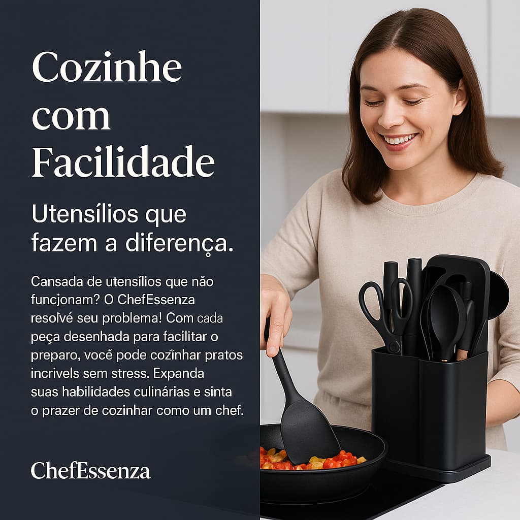 Conjunto Utensílios Cozinha 19 Peças Silicone Madeira Organizador - Preto