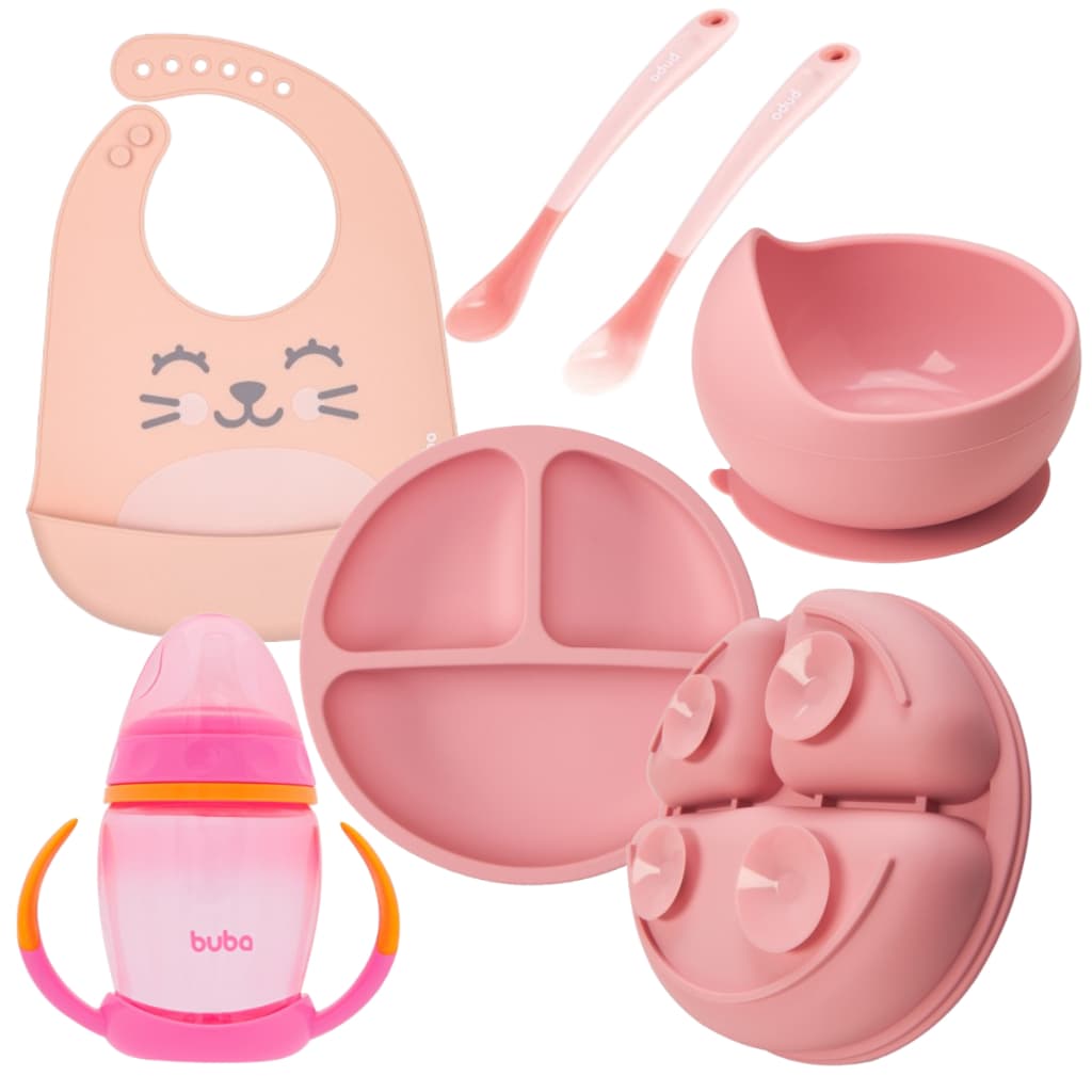 Kit Personalize Introdução Alimentar Buba Silicone Rosa– Prato, Babador, Copo , Bowl e Colheres