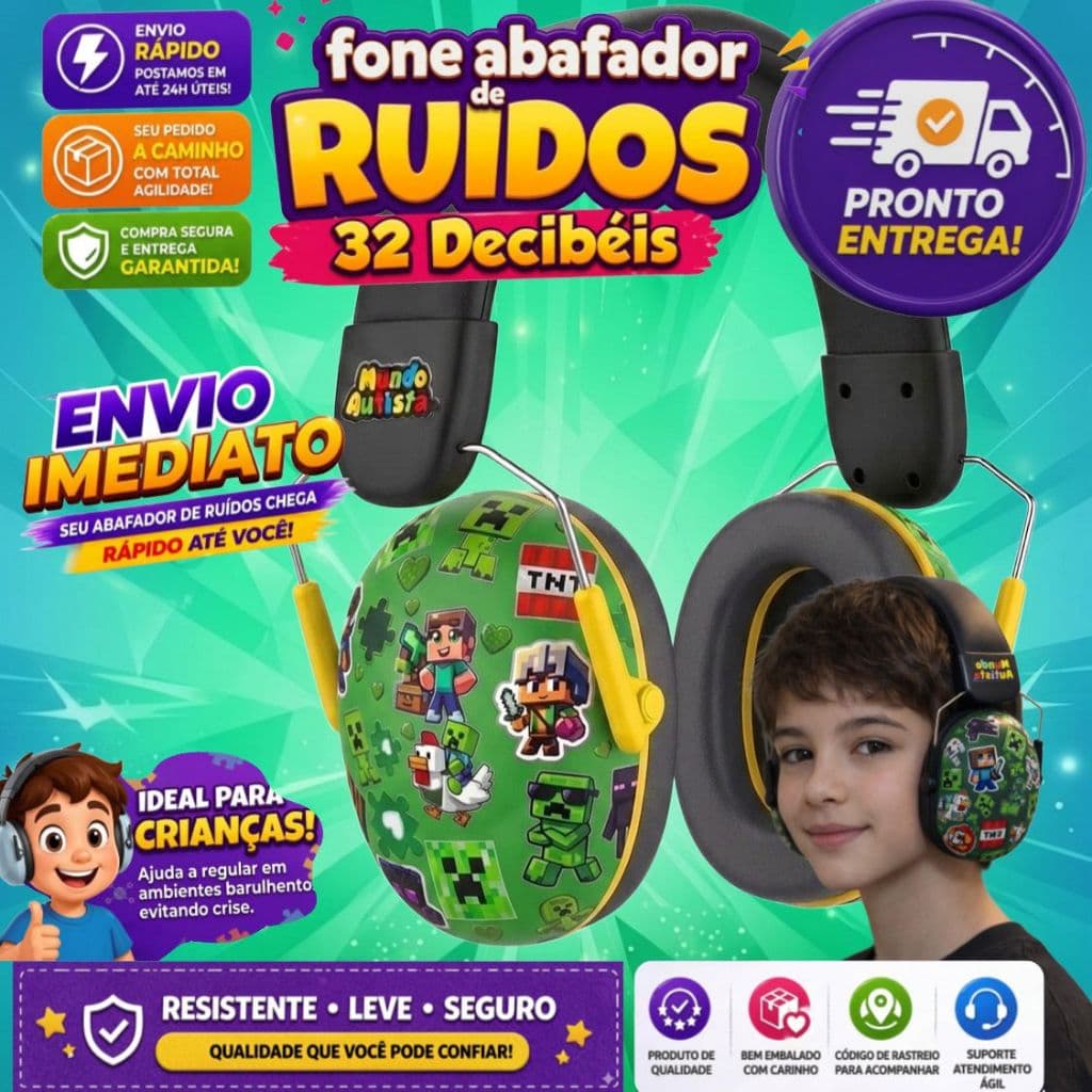 Abafador Minecraft 32DB Autismo Fone Protetor de Ouvido Auricular Ruido ConfortavelTea Autista