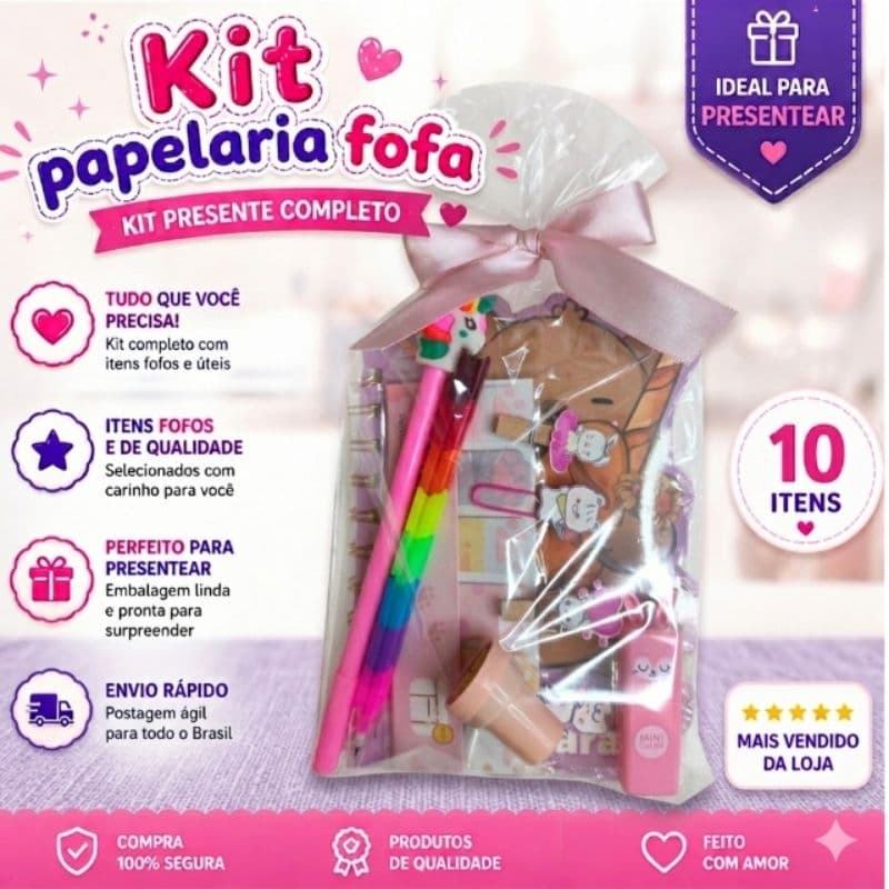 kit papelaria fofa | presente menina | caneta + caderneta capivara + lapiseira + post it fofo + lembrancinha + carimbo