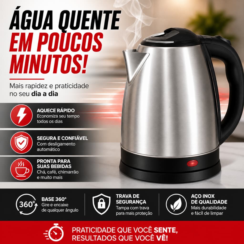 Chaleira Elétrica Inox 1,8L 127V Desligamento Automático Trava Segurança Base 360°