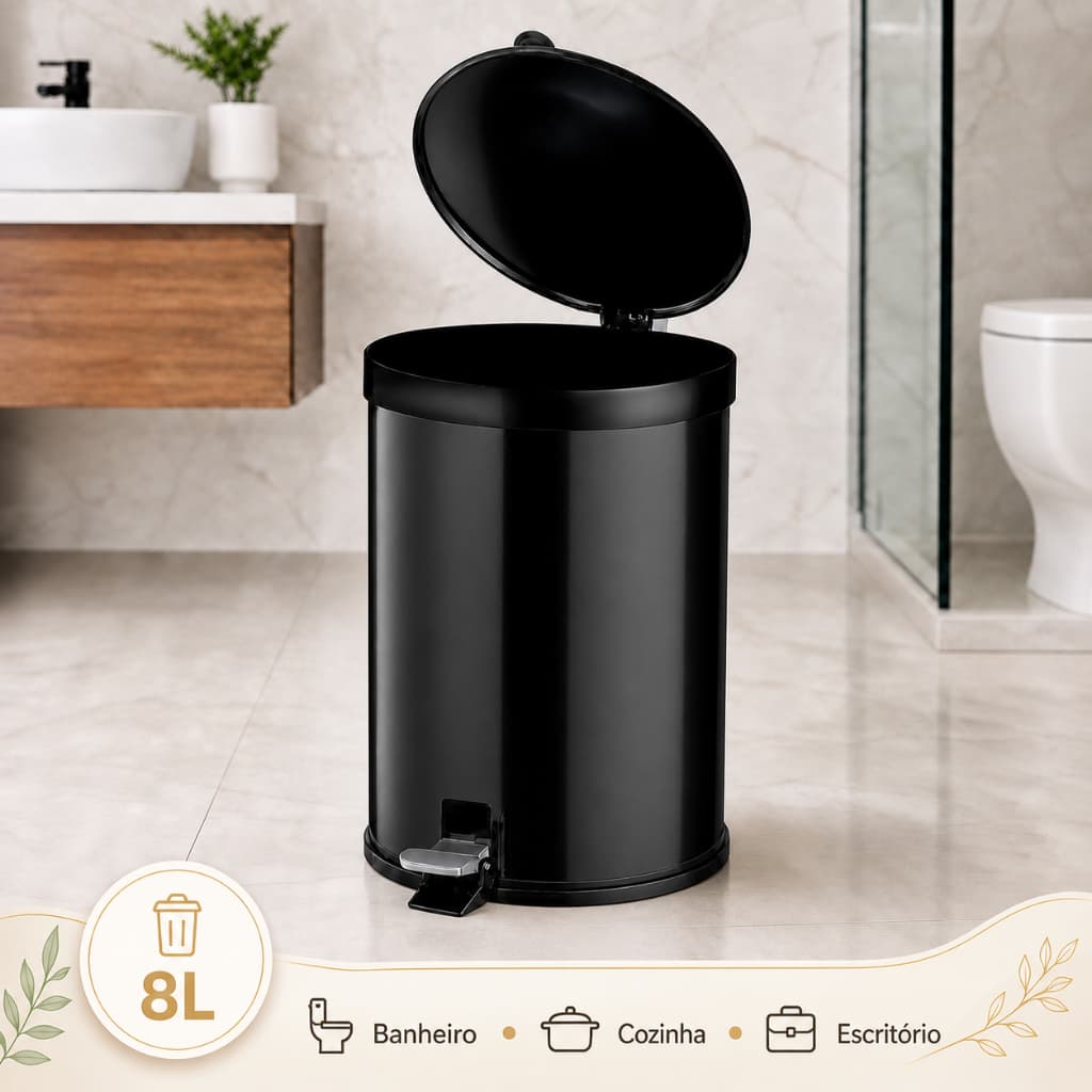 Lixeira Com Pedal 8 Litros Banheiro Cozinha Escritório Compacta com Pedal - Preta ou Branca
