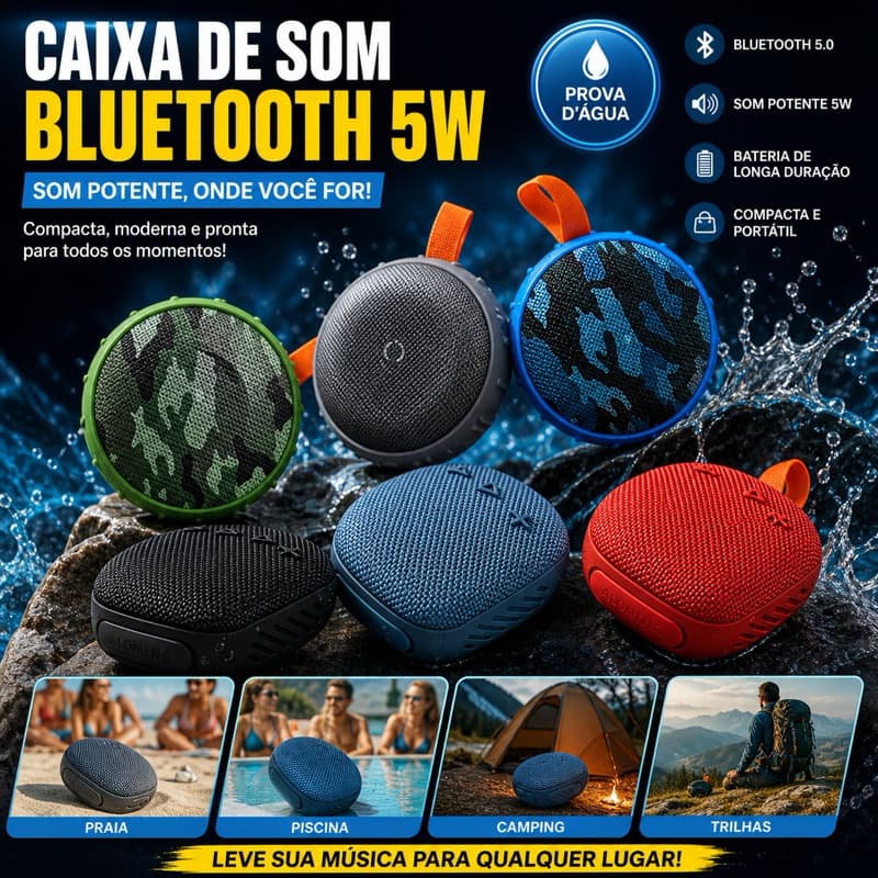 Caixa de Som Bluetooth Portátil 5W com Bluetooth 5.0 e Resistente à Água