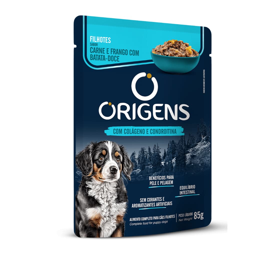 Sachê Origens Cães Filhotes Sabor Carne e Frango com Batata-Doce Todos os Portes Premium Especial 85g Adimax