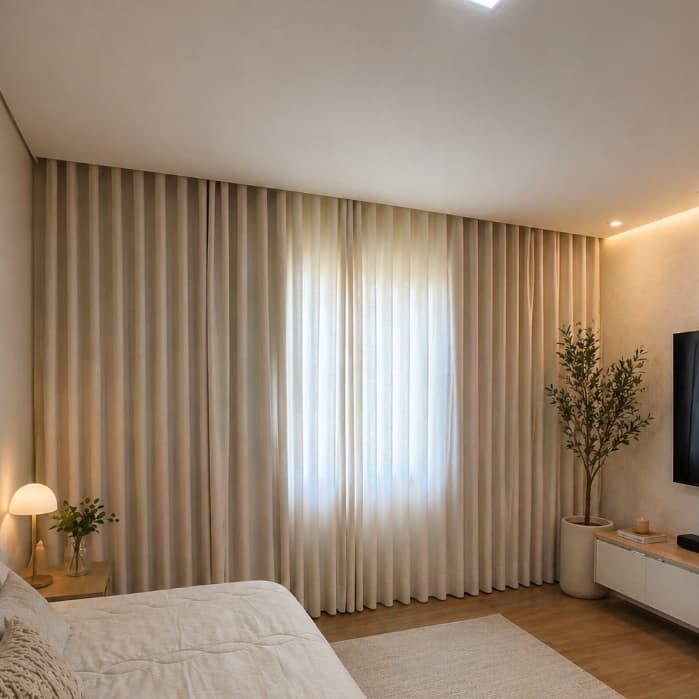 Cortina Sob Medida em Linho com Blackout 100% Vedação Modelo Painel Trilho Suíço Modelo Wave
